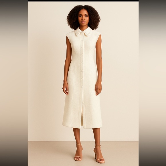 Old Money  - Elegant White Boucle Sleeveless Dress - Picture 1 of 6